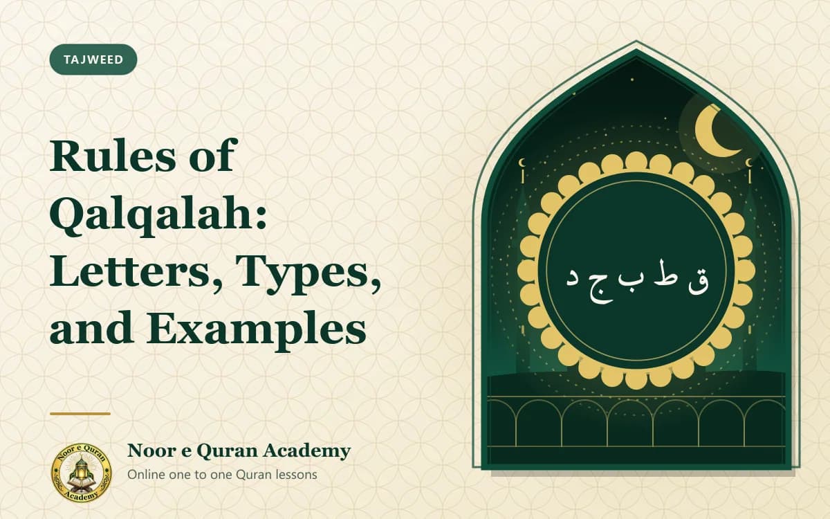 Rules of Qalqalah: Letters, Types, and Examples Featured image for the article "Rules of Qalqalah: Letters, Types, and Examples": the five qalqalah letters in gold calligraphy inside a medallion with echoing rings, in front of a mosque, framed by a mihrab arch in emerald and gold.