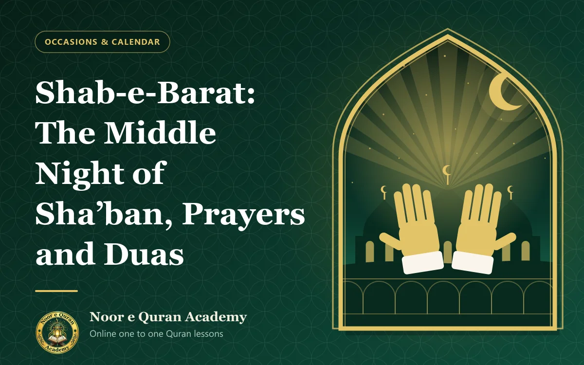 Shab-e-Barat: The Middle Night of Sha'ban, Prayers and Duas Featured image for the article "Shab-e-Barat: The Middle Night of Sha'ban, Prayers and Duas": two hands raised in dua beneath a crescent moon, with domes under a night sky, framed by a mihrab arch in emerald and gold.