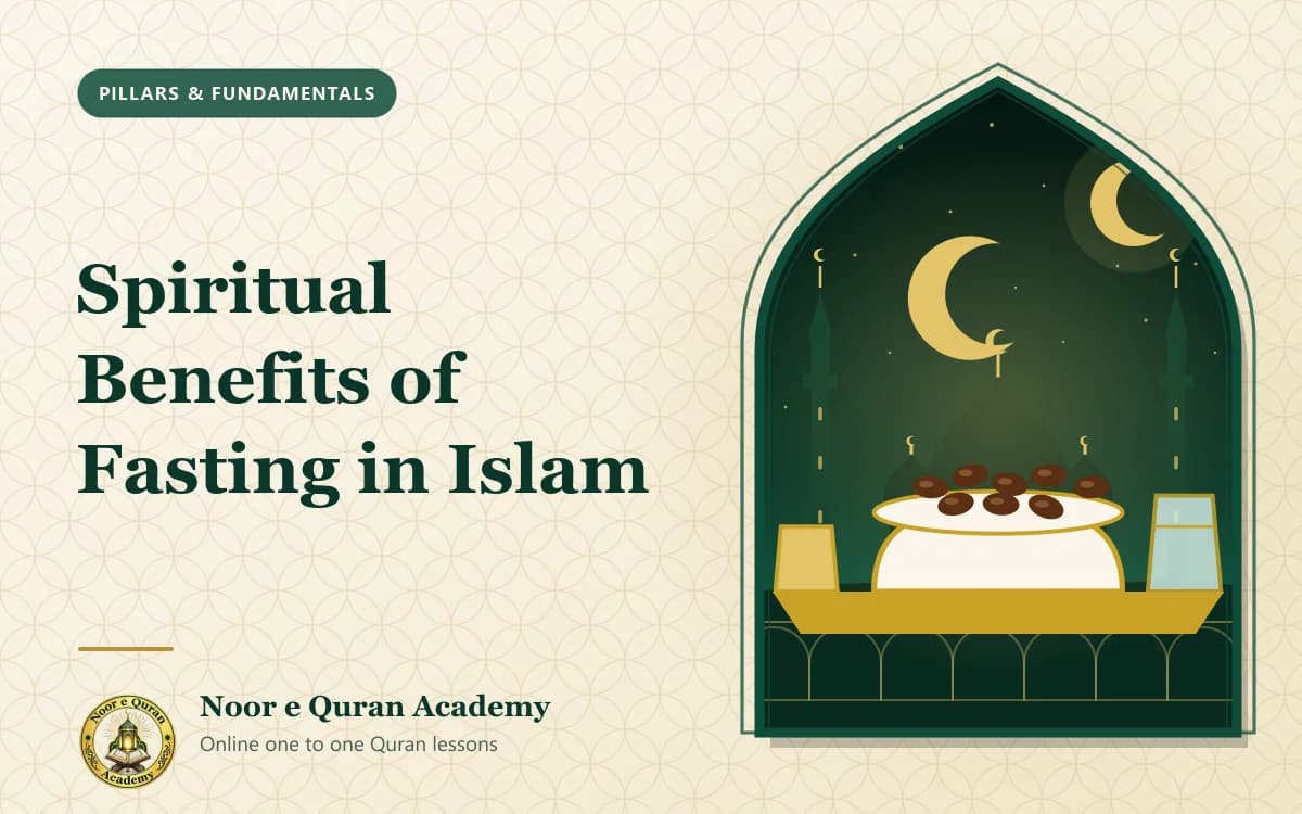 Spiritual Benefits of Fasting in Islam Featured image for the article "Spiritual Benefits of Fasting in Islam": dates and a glass of water for iftar beneath a crescent moon, in front of a mosque, framed by a mihrab arch in emerald and gold.