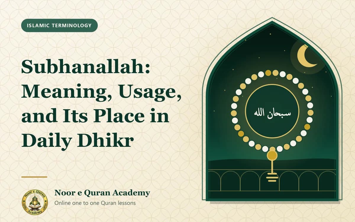 Subhanallah: Meaning, Usage, and Its Place in Daily Dhikr Featured image for the article "Subhanallah: Meaning, Usage, and Its Place in Daily Dhikr": a loop of prayer beads around the words Subhanallah in Arabic calligraphy, under a crescent moon, framed by a mihrab arch in emerald and gold.