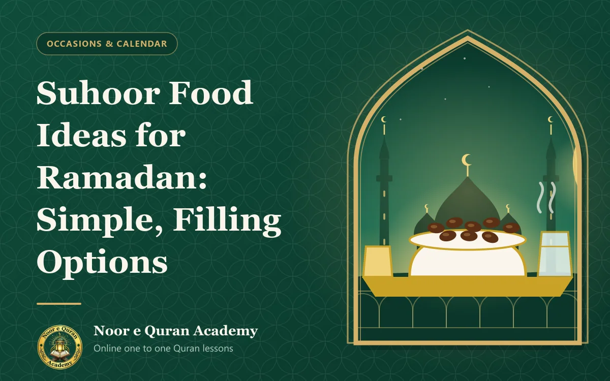 Suhoor Food Ideas for Ramadan: Simple, Filling Options Featured image for the article "Suhoor Food Ideas for Ramadan: Simple, Filling Options": a bowl of dates, a glass of water and a lantern on a table before dawn, with a mosque behind, framed by a mihrab arch in emerald and gold.