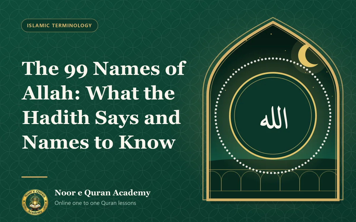 The 99 Names of Allah: What the Hadith Says and Names to Know Featured image for the article "The 99 Names of Allah: What the Hadith Says and Names to Know": the name Allah in gold calligraphy ringed by ninety-nine beads, under a night sky, framed by a mihrab arch in emerald and gold.