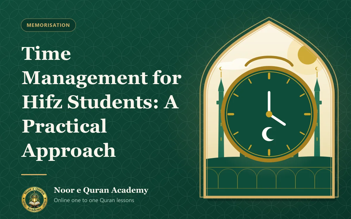 Time Management for Hifz Students: A Practical Approach Featured image for the article "Time Management for Hifz Students: A Practical Approach": a clock with a crescent on its face, in front of a mosque, framed by a mihrab arch in emerald and gold.