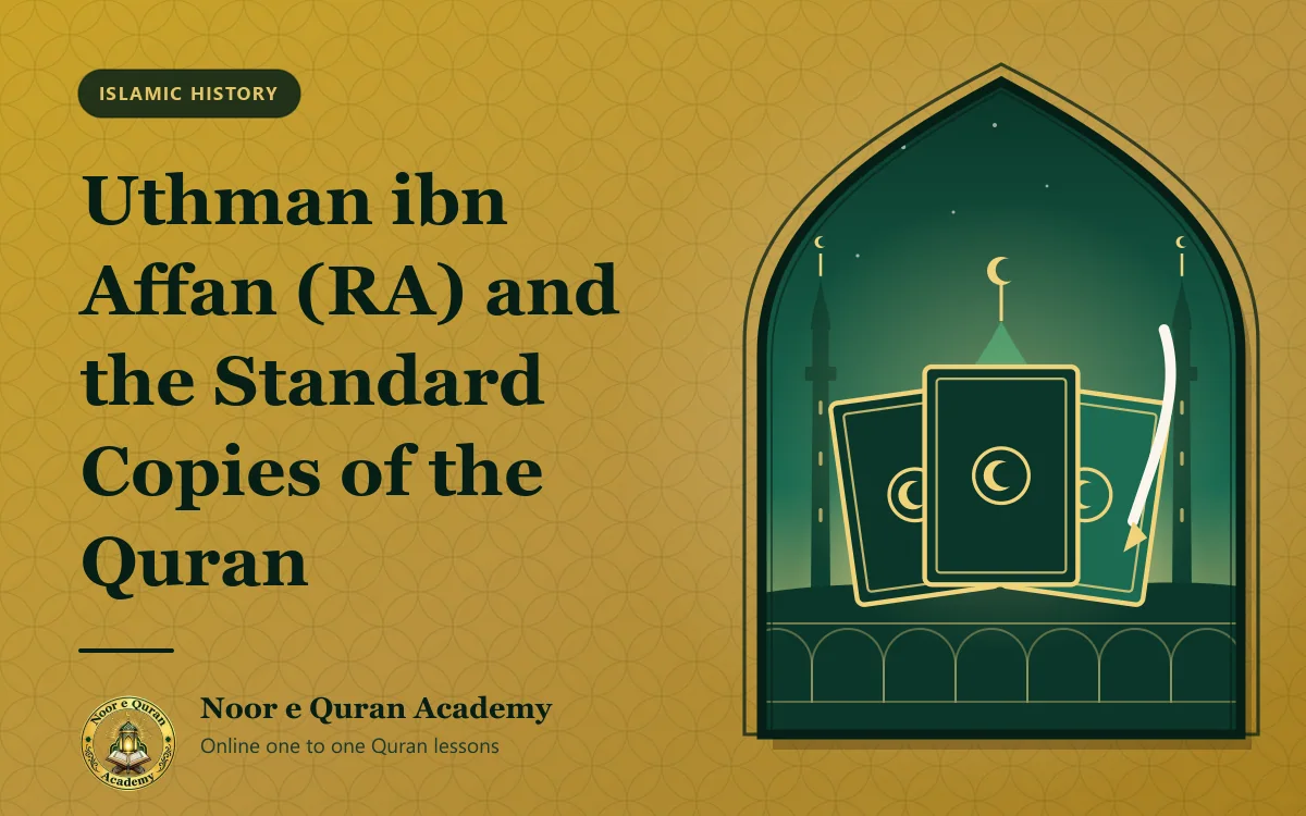 Uthman ibn Affan (RA) and the Standard Copies of the Quran Featured image for the article "Uthman ibn Affan (RA) and the Standard Copies of the Quran": three bound copies of the Quran with a reed pen, in front of the green-domed mosque of Madinah, framed by a mihrab arch in emerald and gold.