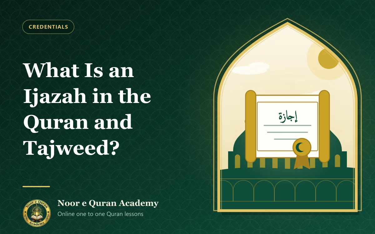 What Is an Ijazah in the Quran and Tajweed? Featured image for the article "What Is an Ijazah in the Quran and Tajweed?": an ijazah certificate scroll with an Arabic title and a gold seal, with domes behind, framed by a mihrab arch in emerald and gold.