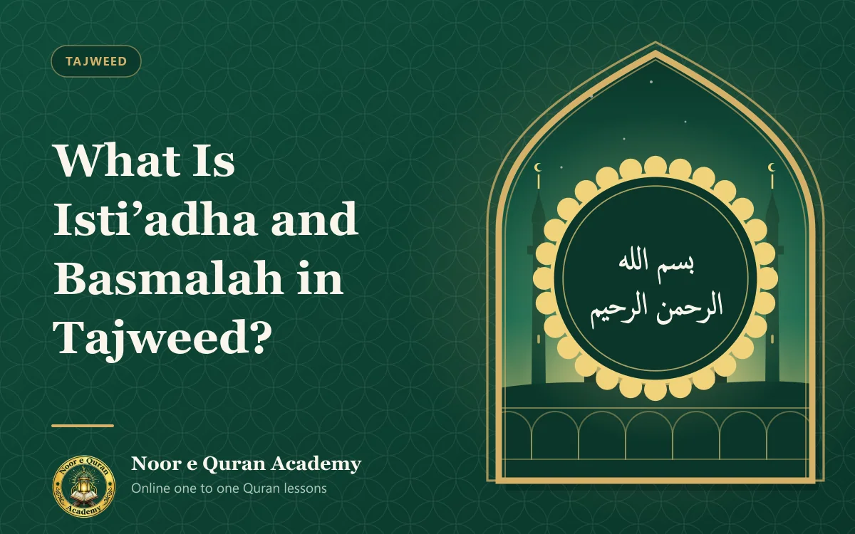 What Is Isti'adha and Basmalah in Tajweed? Featured image for the article "What Is Isti'adha and Basmalah in Tajweed?": the Basmalah in gold calligraphy inside an ornate medallion, in front of a mosque at dawn, framed by a mihrab arch in emerald and gold.